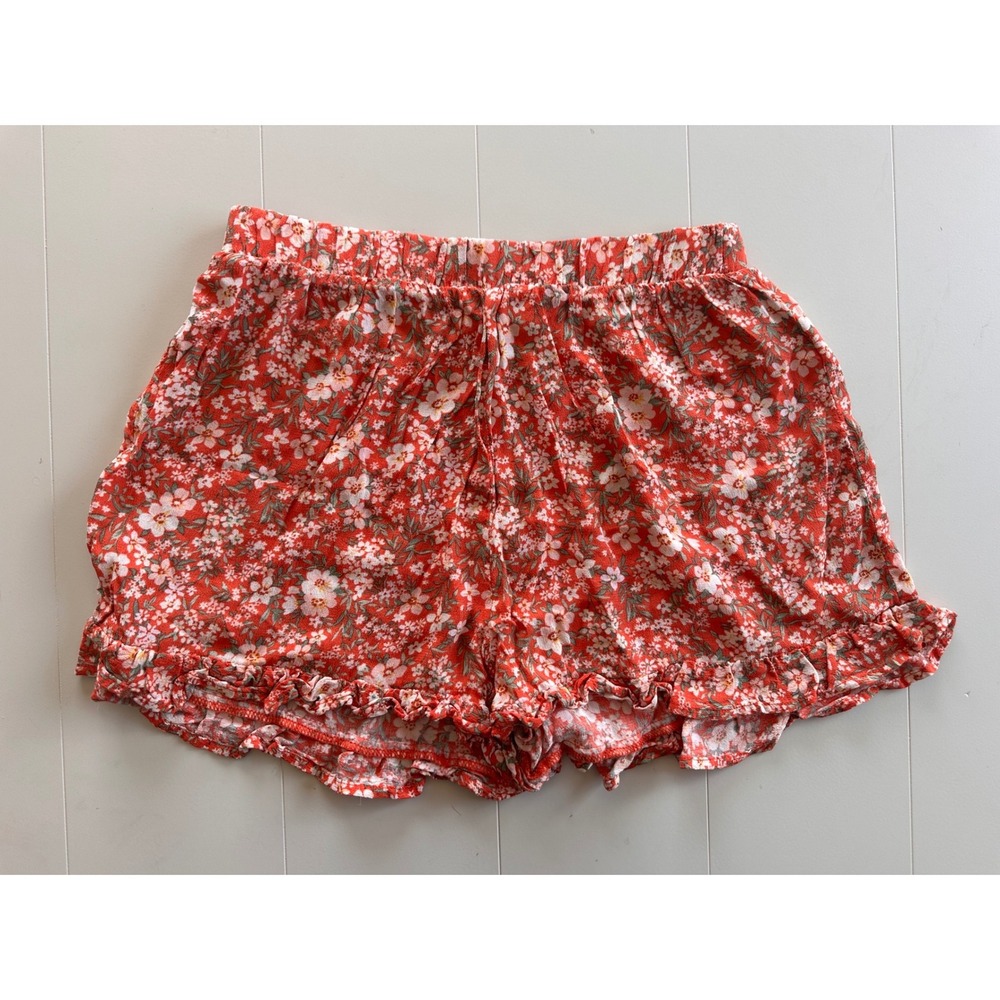 American Eagle Red Floral Ruffle Hem Shorts Elastic Waist Small